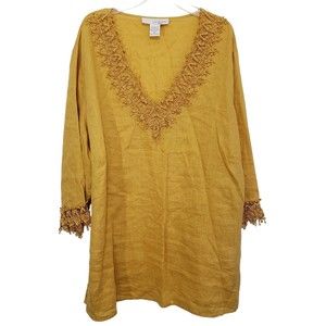 Lucy & Laurel Women 100% Linen Tunic with Decor at V-Neck and Sleeves, Size 1X